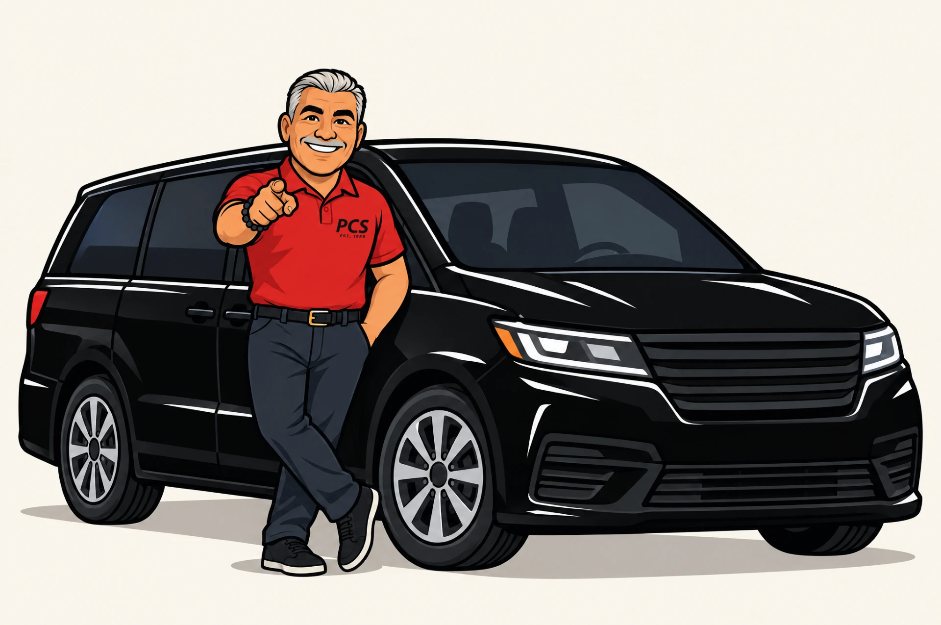 Pete leaning on the Pete's Carpet Service van, pointing at you